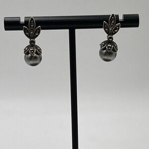 FAS Sterling Silver 925 Marcesite Gray Pearl Drop Dangle Earrings 3.6 grams